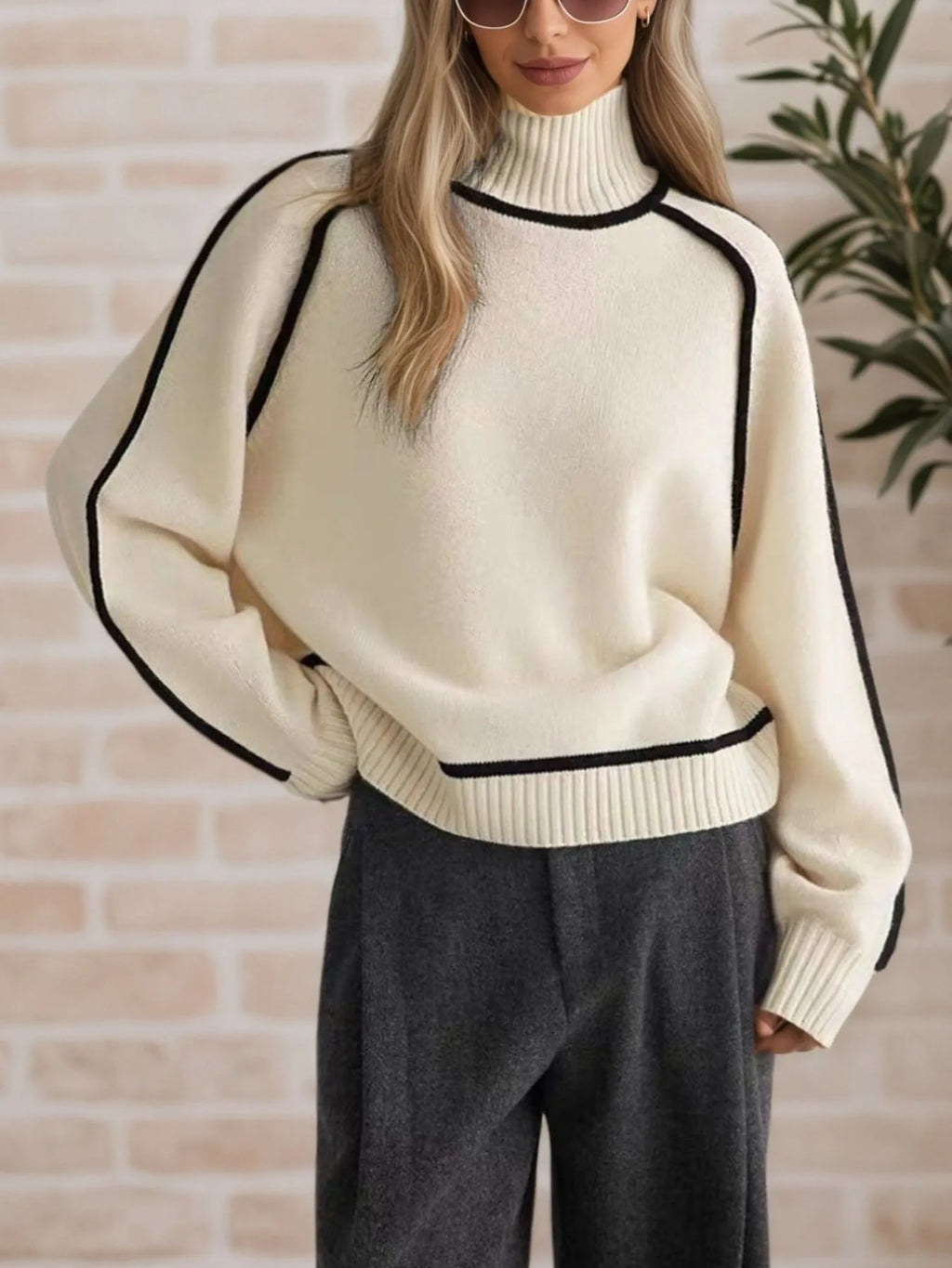 Contrast Trim Turtleneck Sweater