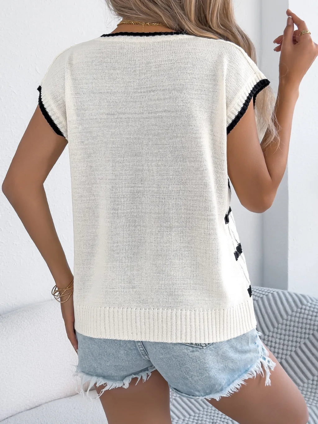 Cable-Knit Striped Round Neck Knit Top