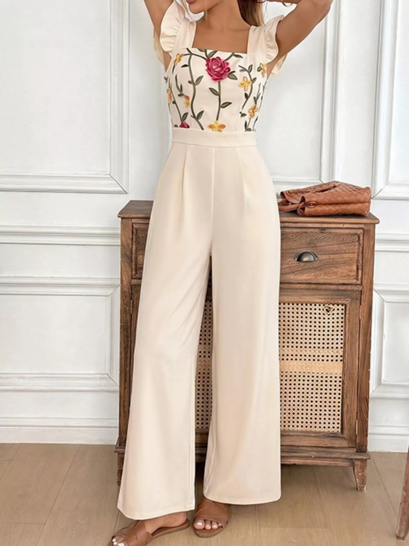 Floral Embroidered Ruffle Trim Jumpsuit
