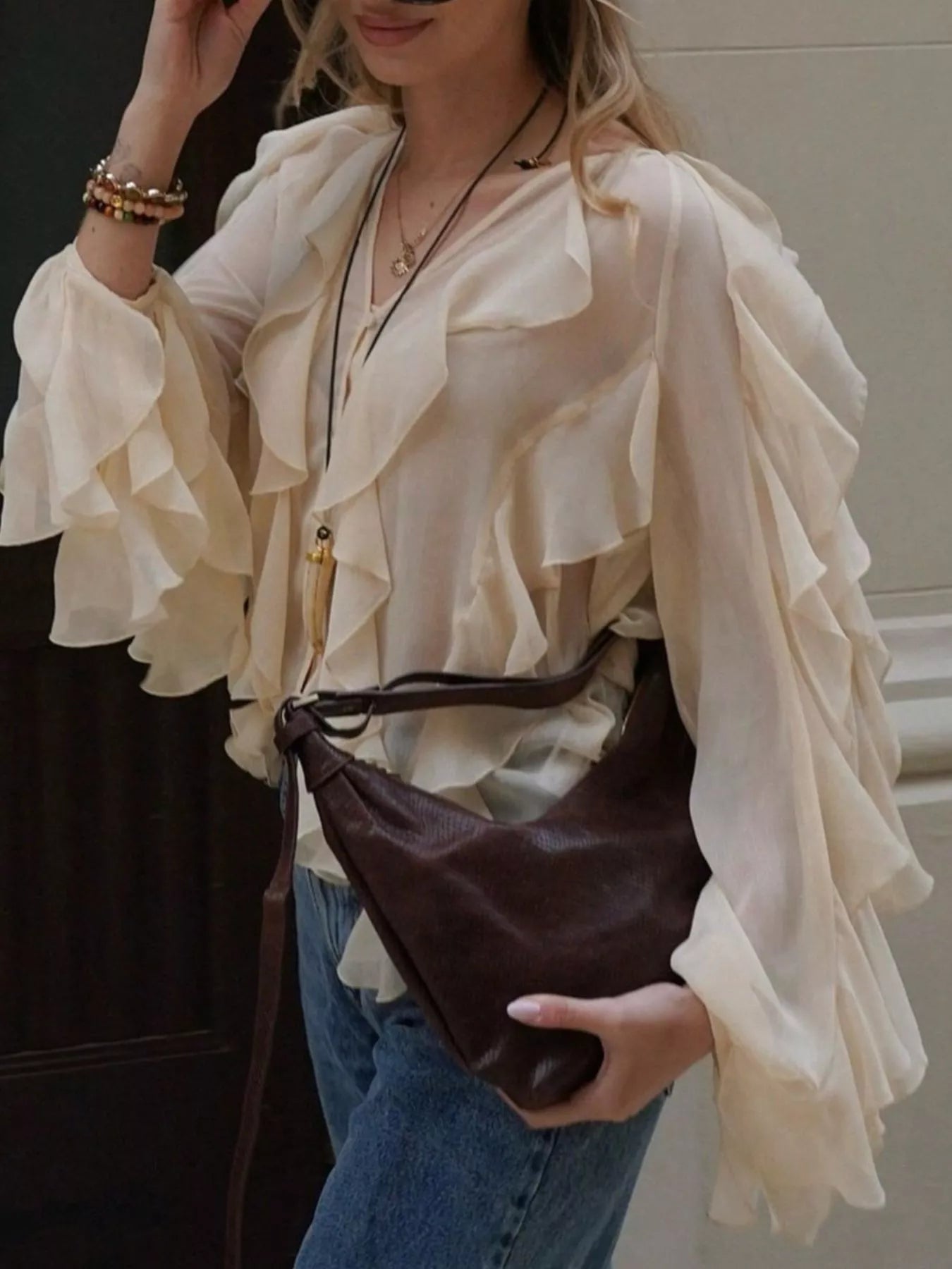 Ruffled Sheer Long Sleeve Blouse