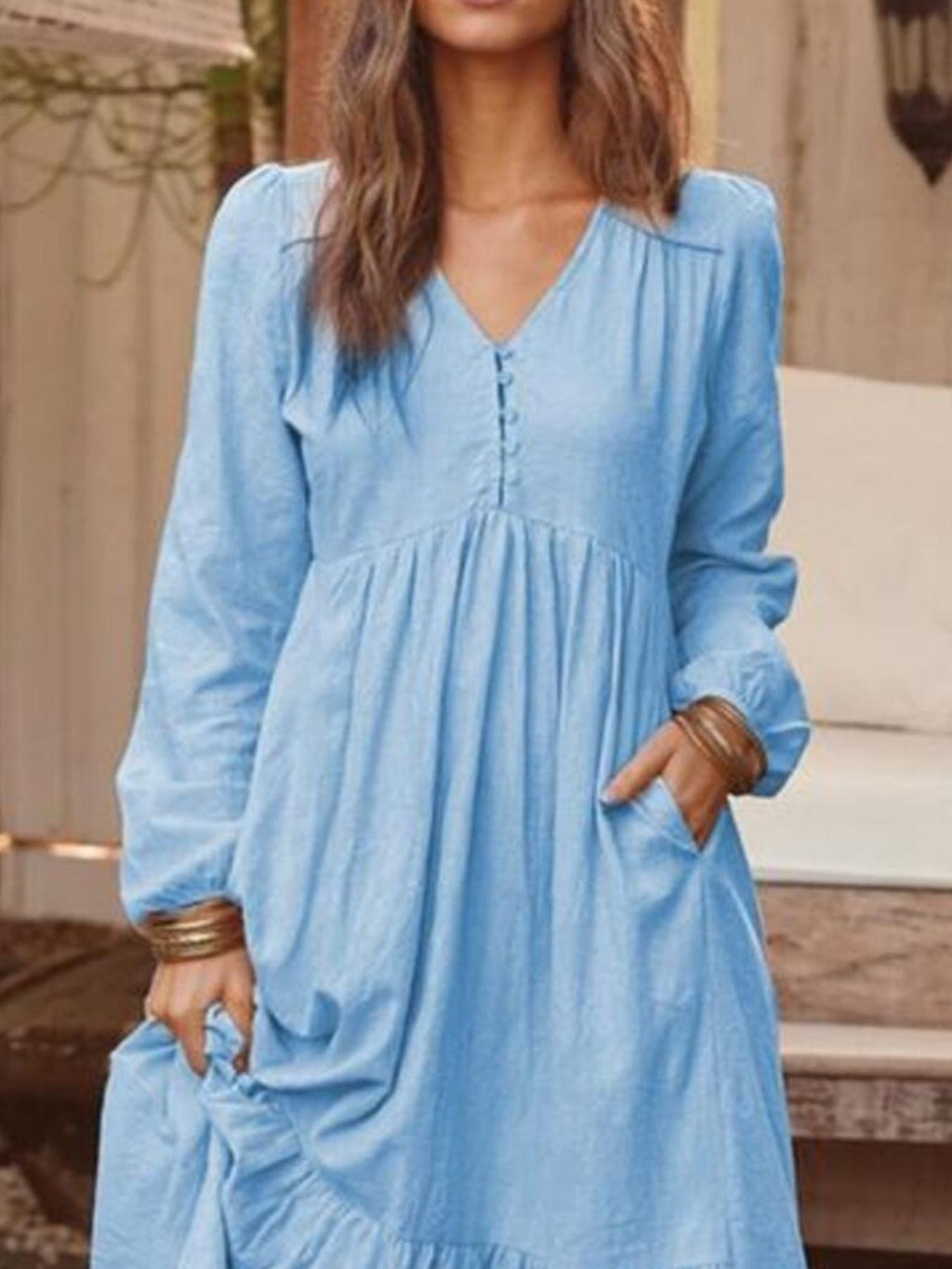 Full Size V-Neck Long Sleeve Tiered Maxi Dress Plus Size