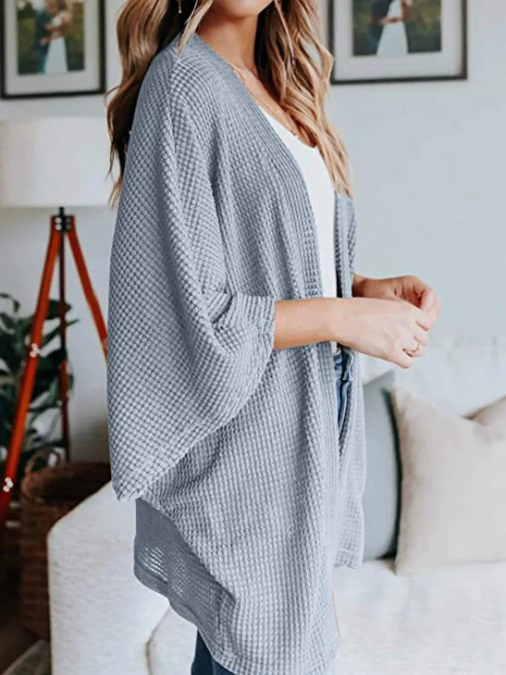 Full Size Open Front Waffle Knit Cardigan Plus Size