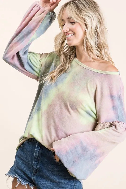 BiBi Tie Dye French Terry Sweatshirt With Bubble Sleeves