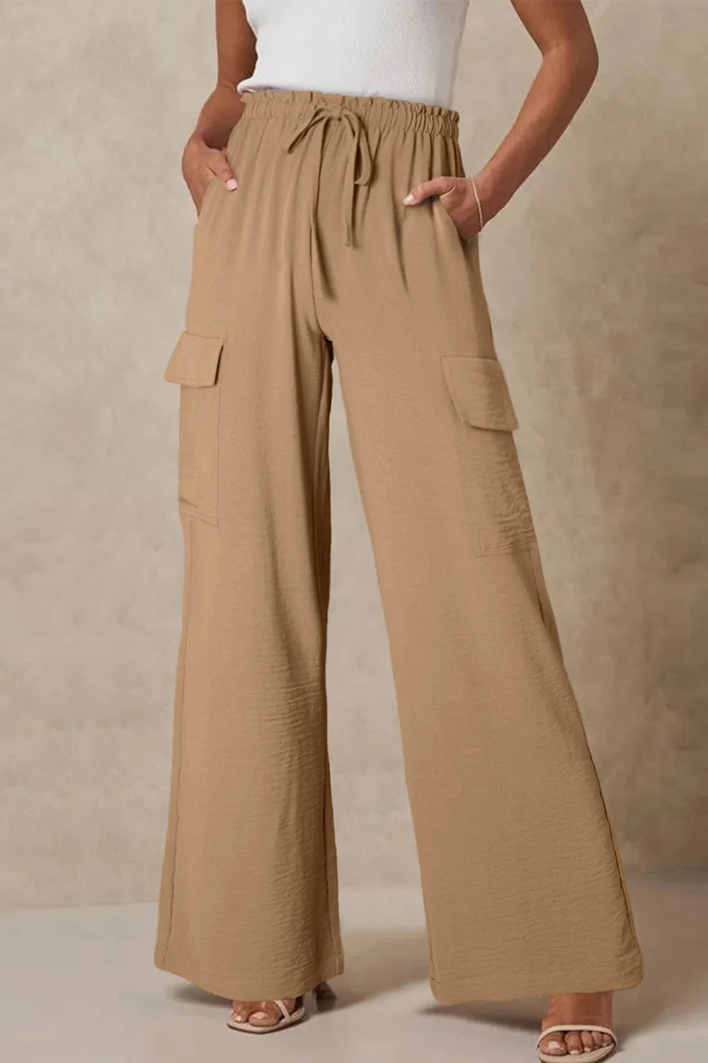 Drawstring Frilled Waist Wide Leg Utility Trousers