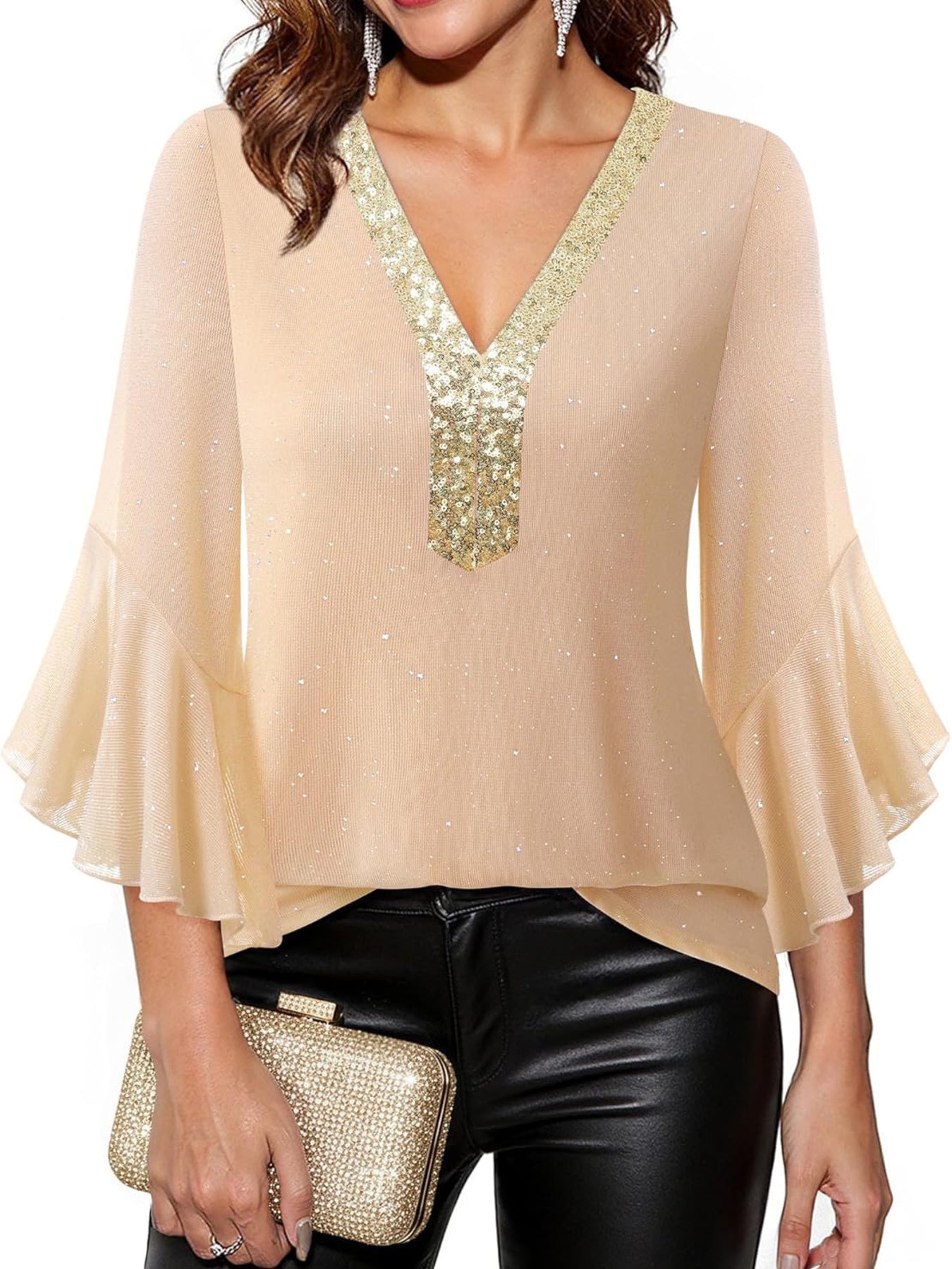 Sequin V-Neck Flounce Sleeve Blouse