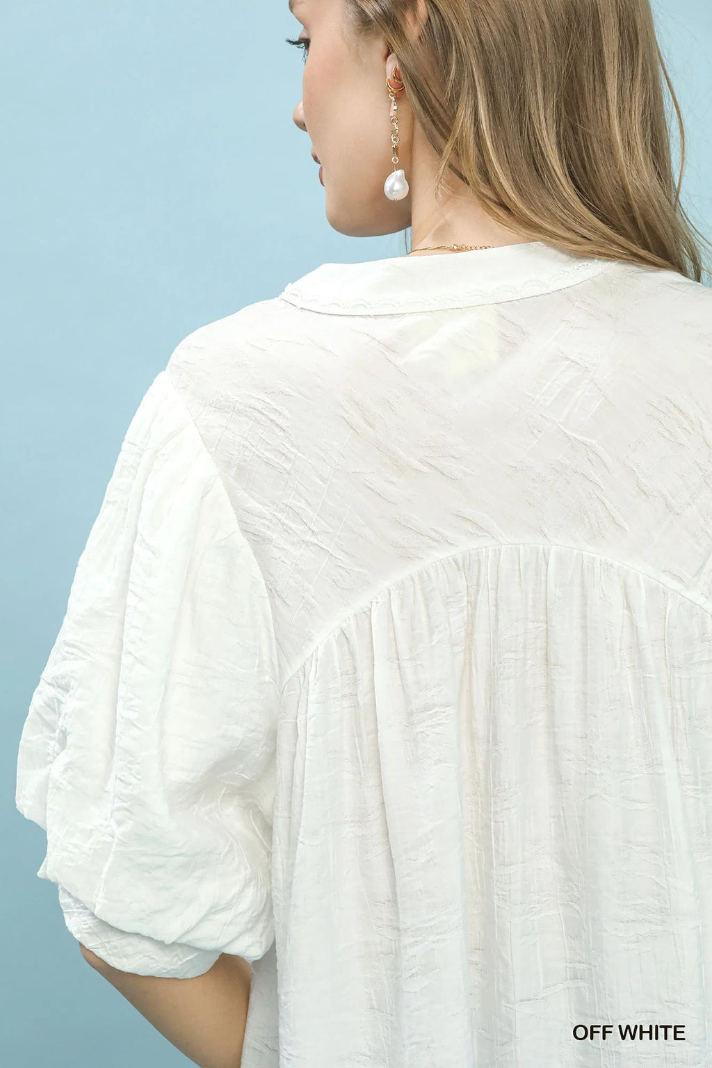 Umgee Textured Lace Trim V-Neck Boho Blouse