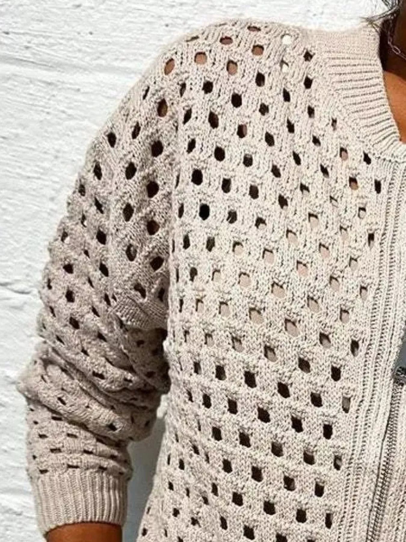 Full Size Zip Up Long Sleeve Cardigan with Eyelet Detail Plus Size