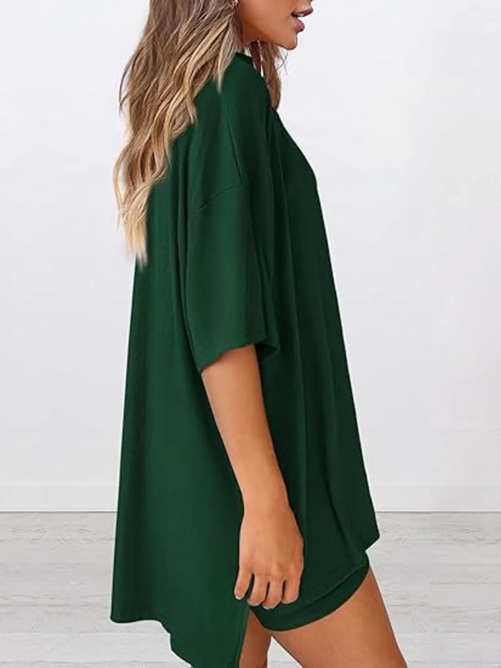 Full Size Oversized Slit Round Neck Top and Shorts Lounge Set Plus Size