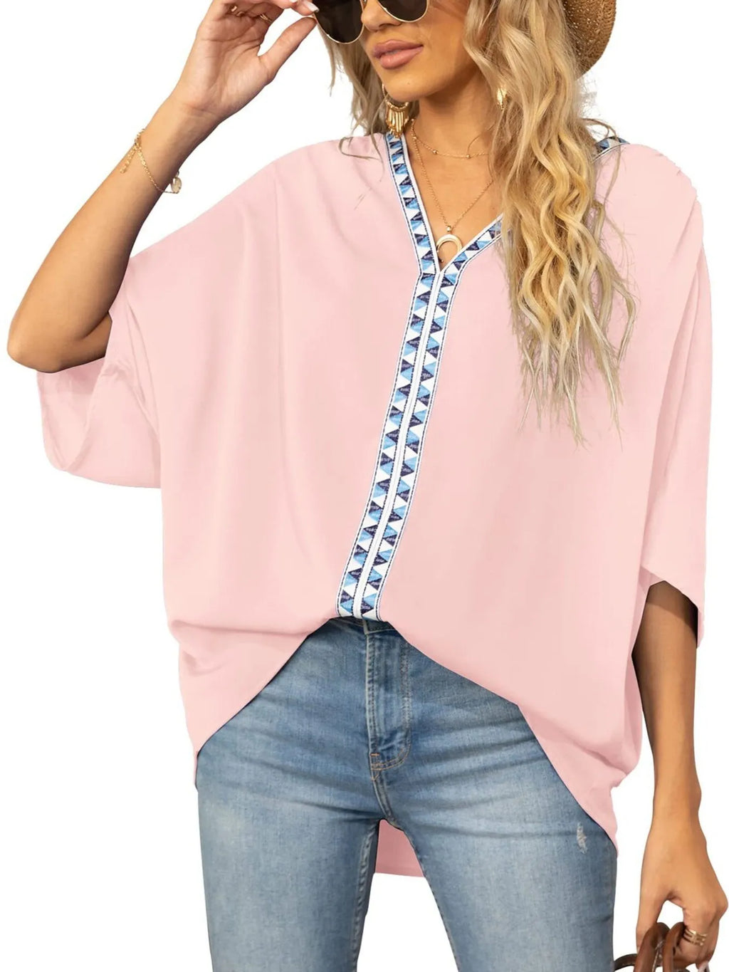 Oversized Contrast V-Neck Half Sleeve Blouse