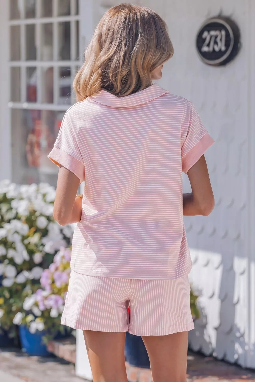 Stripe Dolman Sleeve Polo Shirt and Drawstring Shorts Set