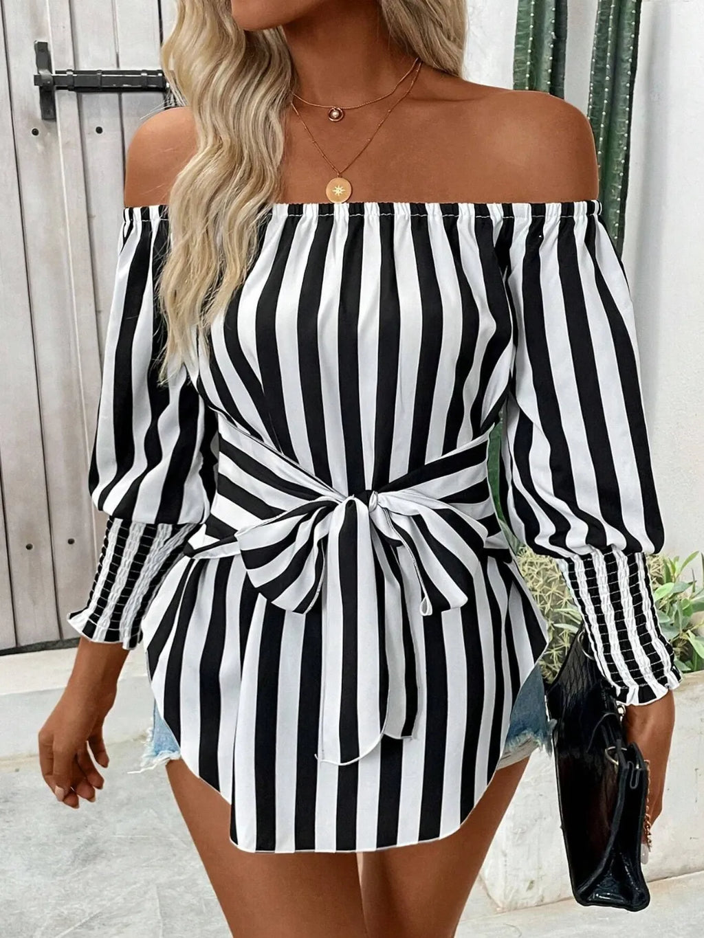 Striped Off-Shoulder Long Sleeve Blouse