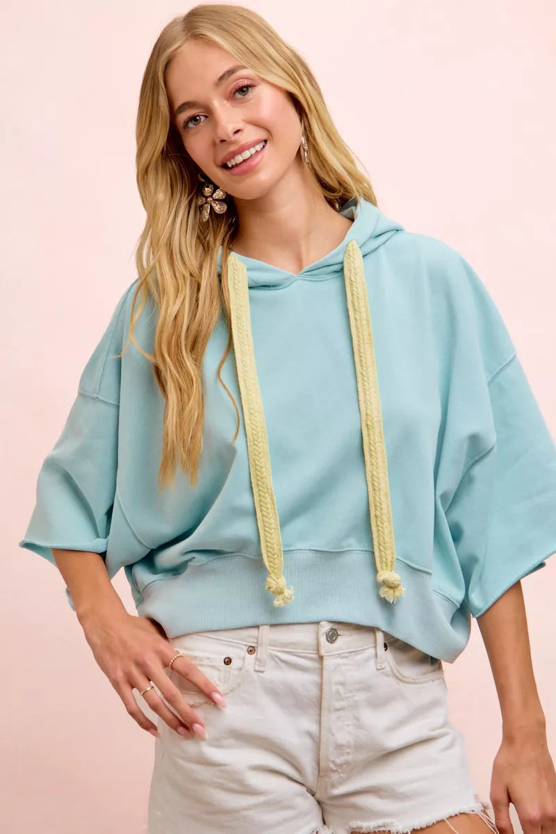 BiBi Washed Terry Short Sleeve Drawstring Hoodie Top