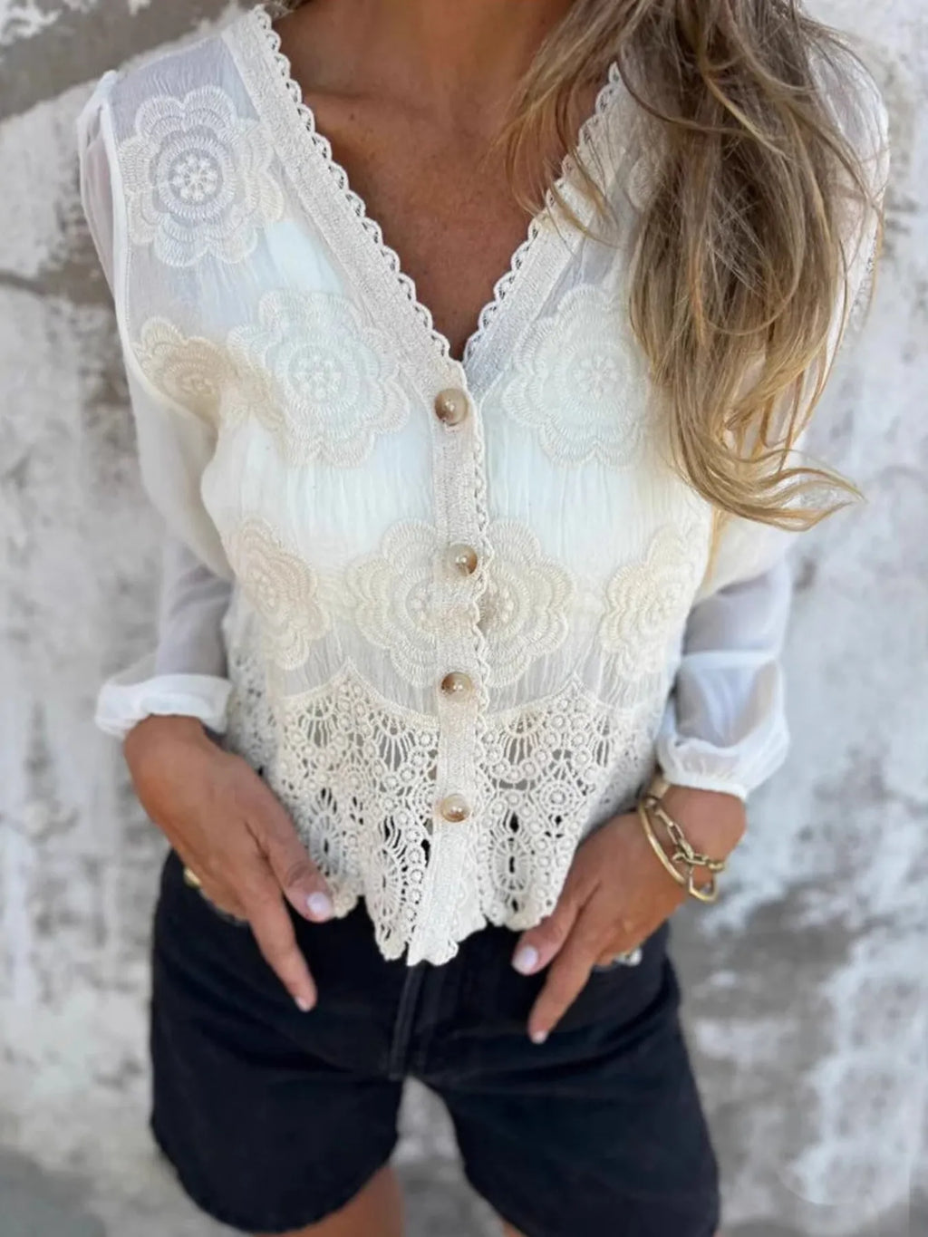 Lace V-Neck Button Down Shirt