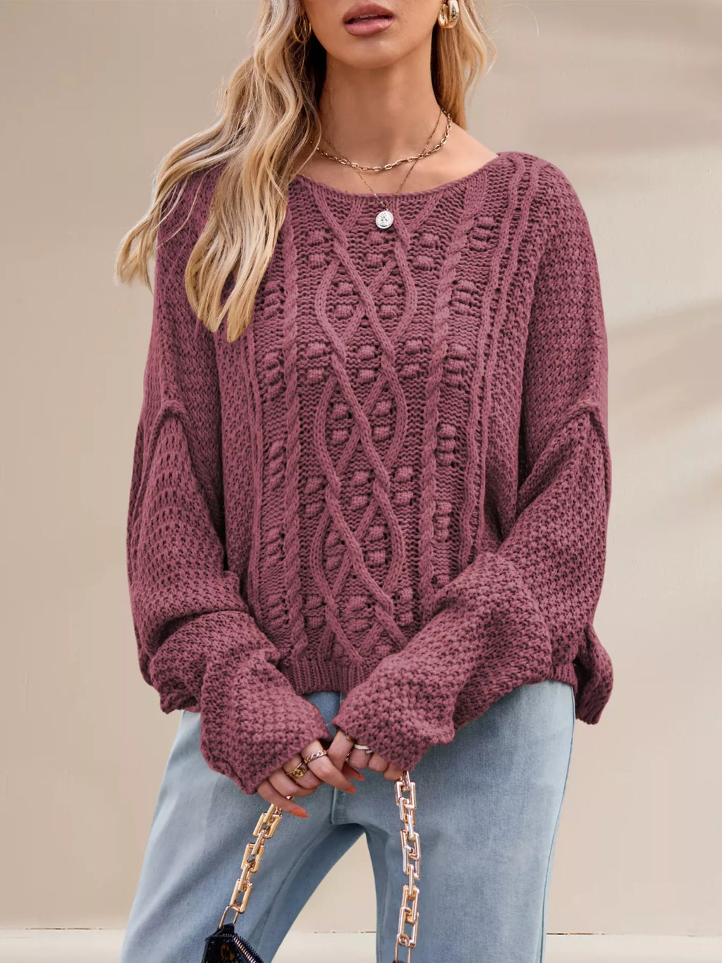 Textured Knit Round Neck Sweater