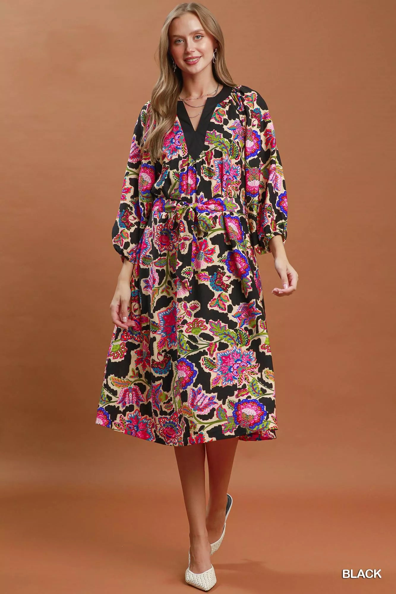 Umgee Abstract Print Embroidered Belted Midi Dress