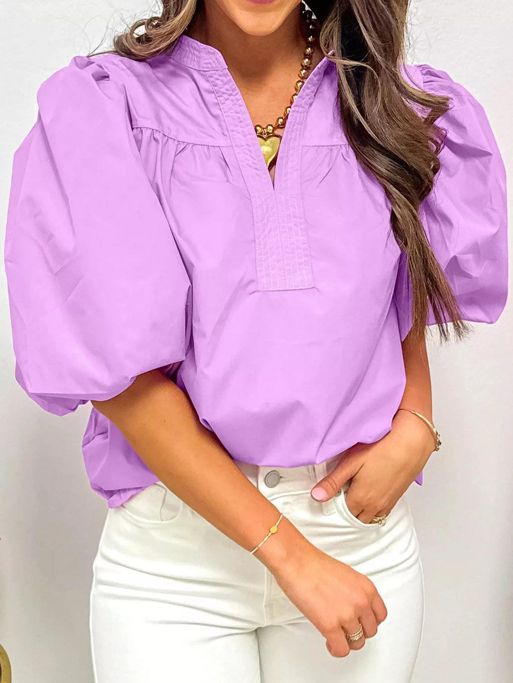 Notched Puff Sleeve Blouse