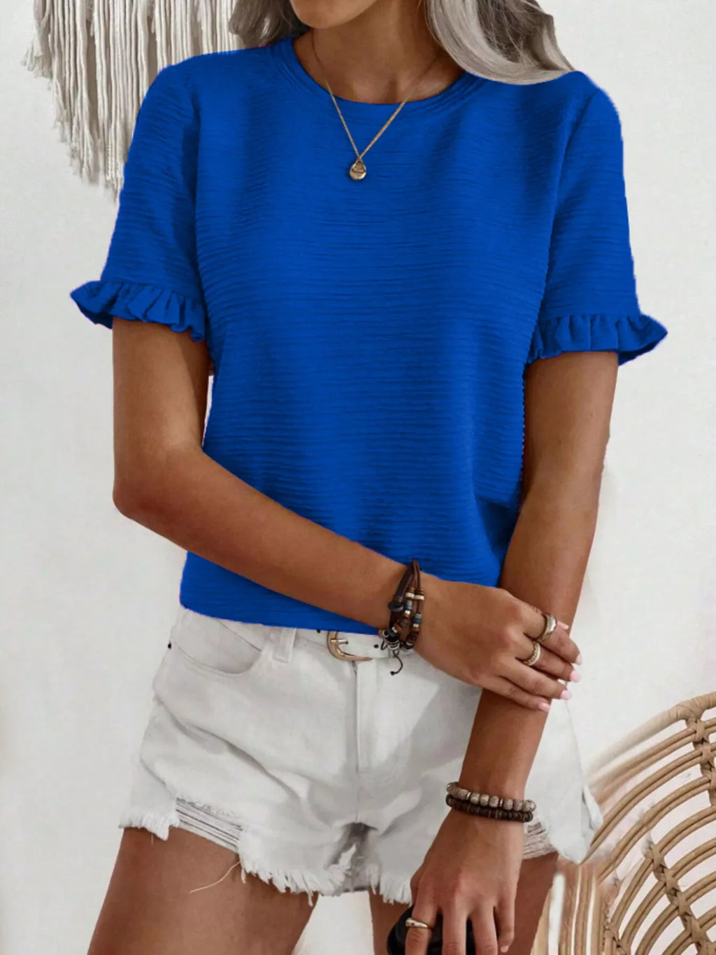 Textured Ruffle Sleeve Round Neck T-Shirt