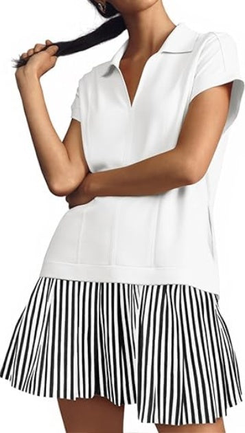 Fisoew Striped Patchwork Polo V‑Neck Mini Dress with Pockets