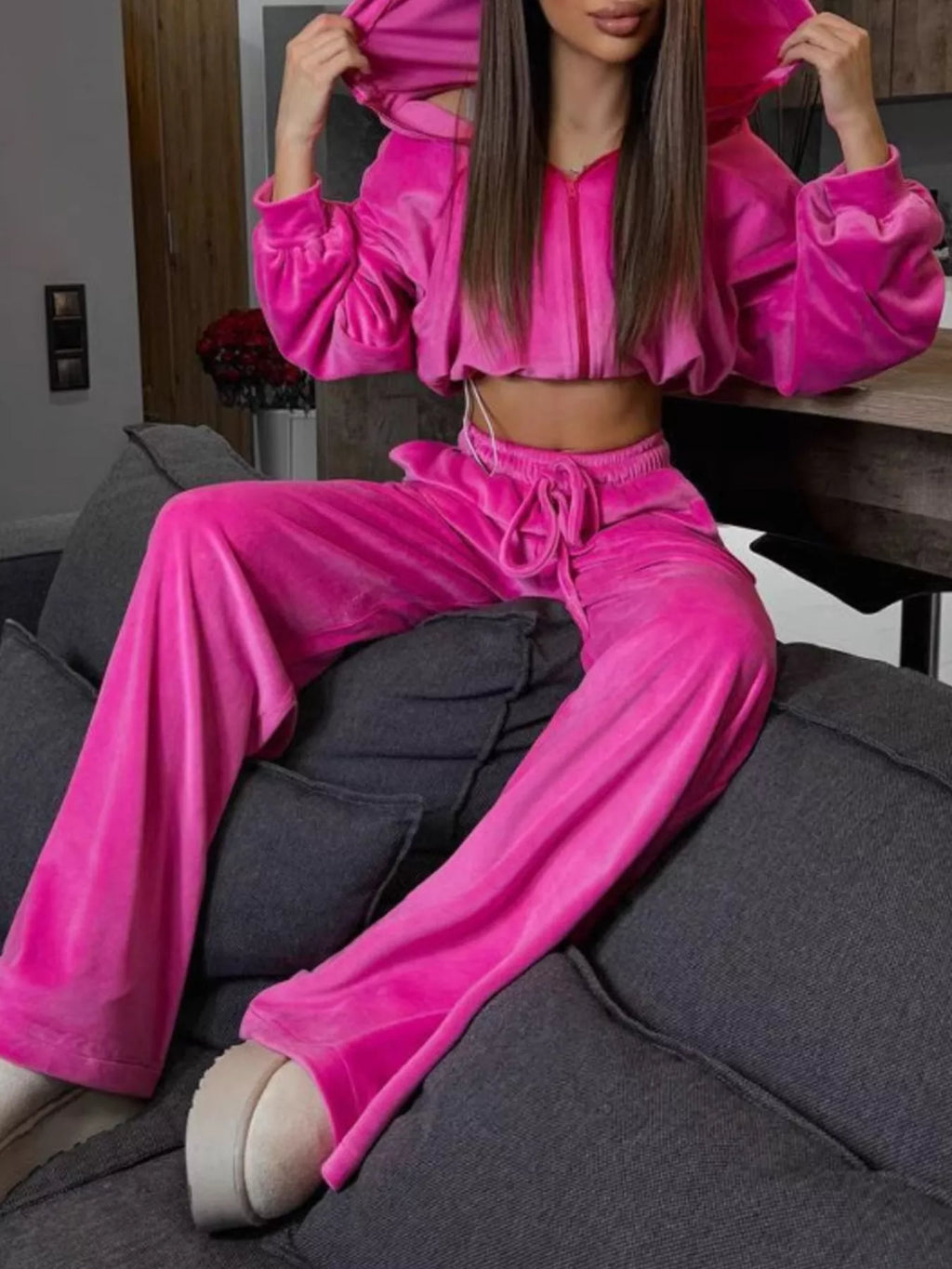 Zip Up Cropped Outerwear and Pants Set