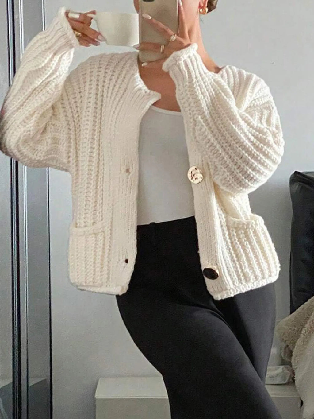 Button-Front Knit Cardigan with Pockets
