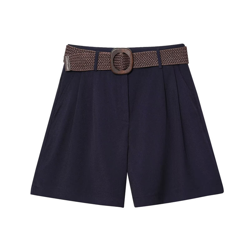Fashionable Casual Pleated Shorts with Belt for Women