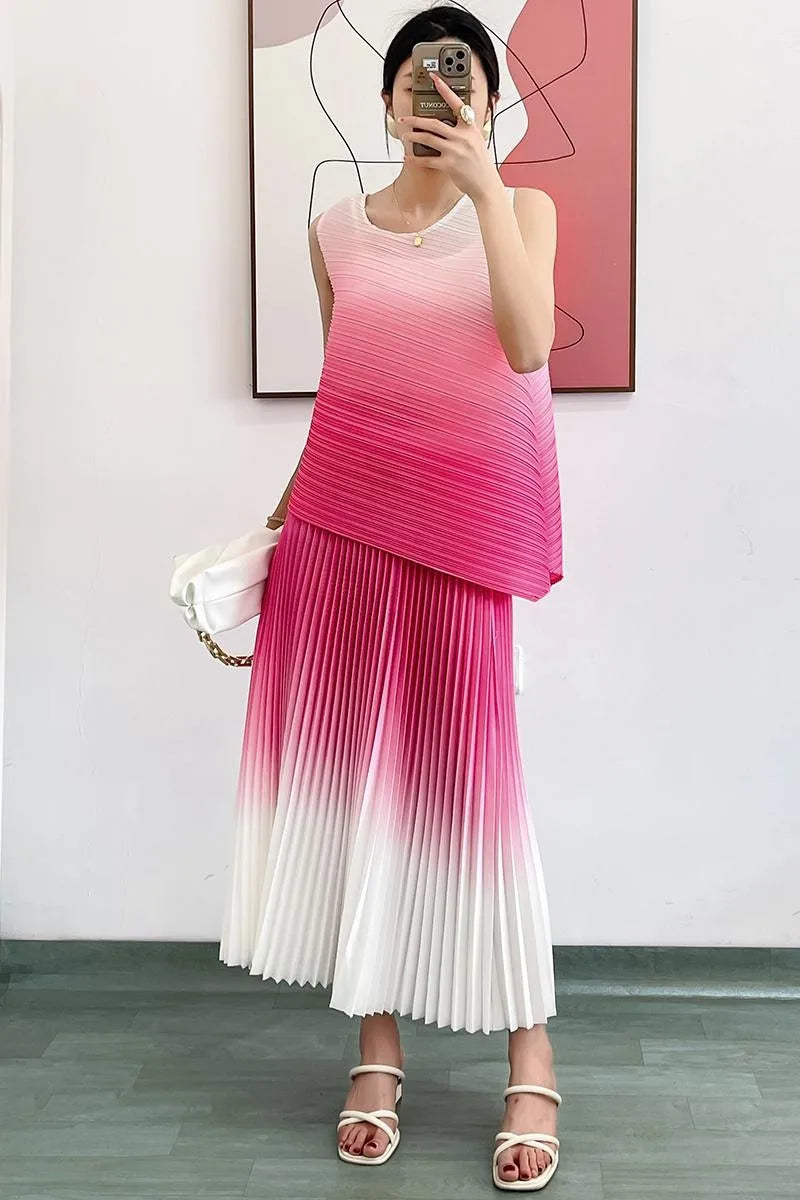 Women Summer Fashion Gradient Color 2 Pieces Dress Sets Chic Stretchy Pullover Tops & Midi Pleated Skirt Outfits