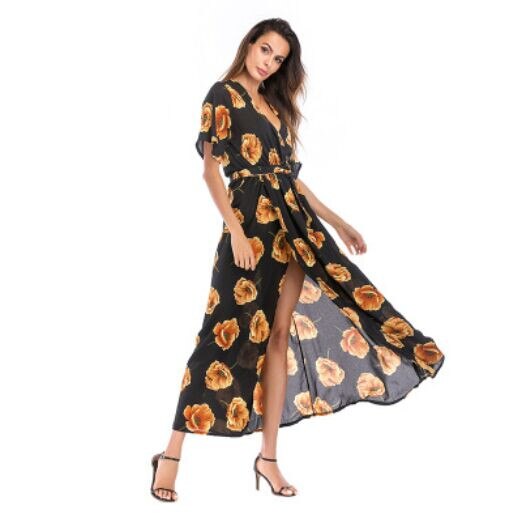 Dress Short Sleeve A Line  Floral Print Chiffon Deep V-Neck Split Sexy Women Summer Dresses Bohemian Beach Elegant Party Vestido
