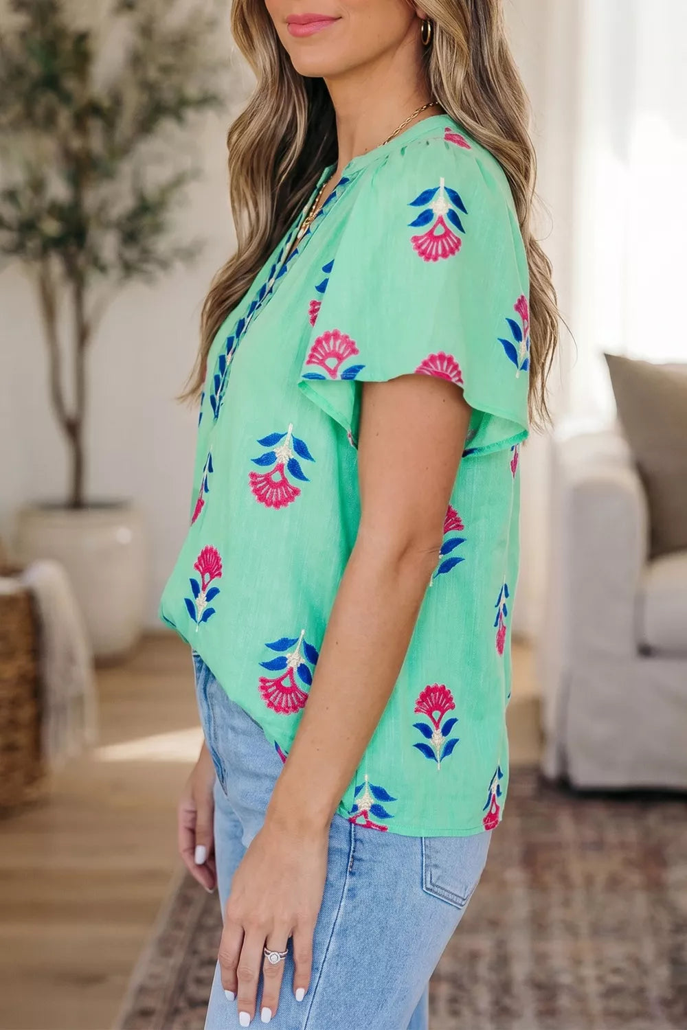 Floral V Neck Flutter Sleeve Blouse