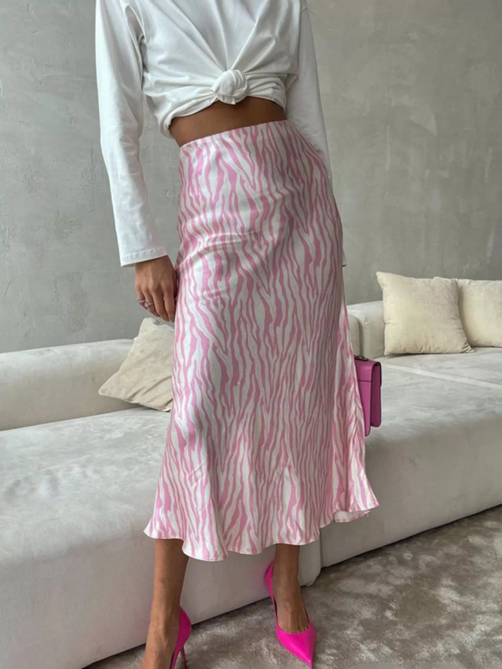 Satin Zebra Print Midi Skirt