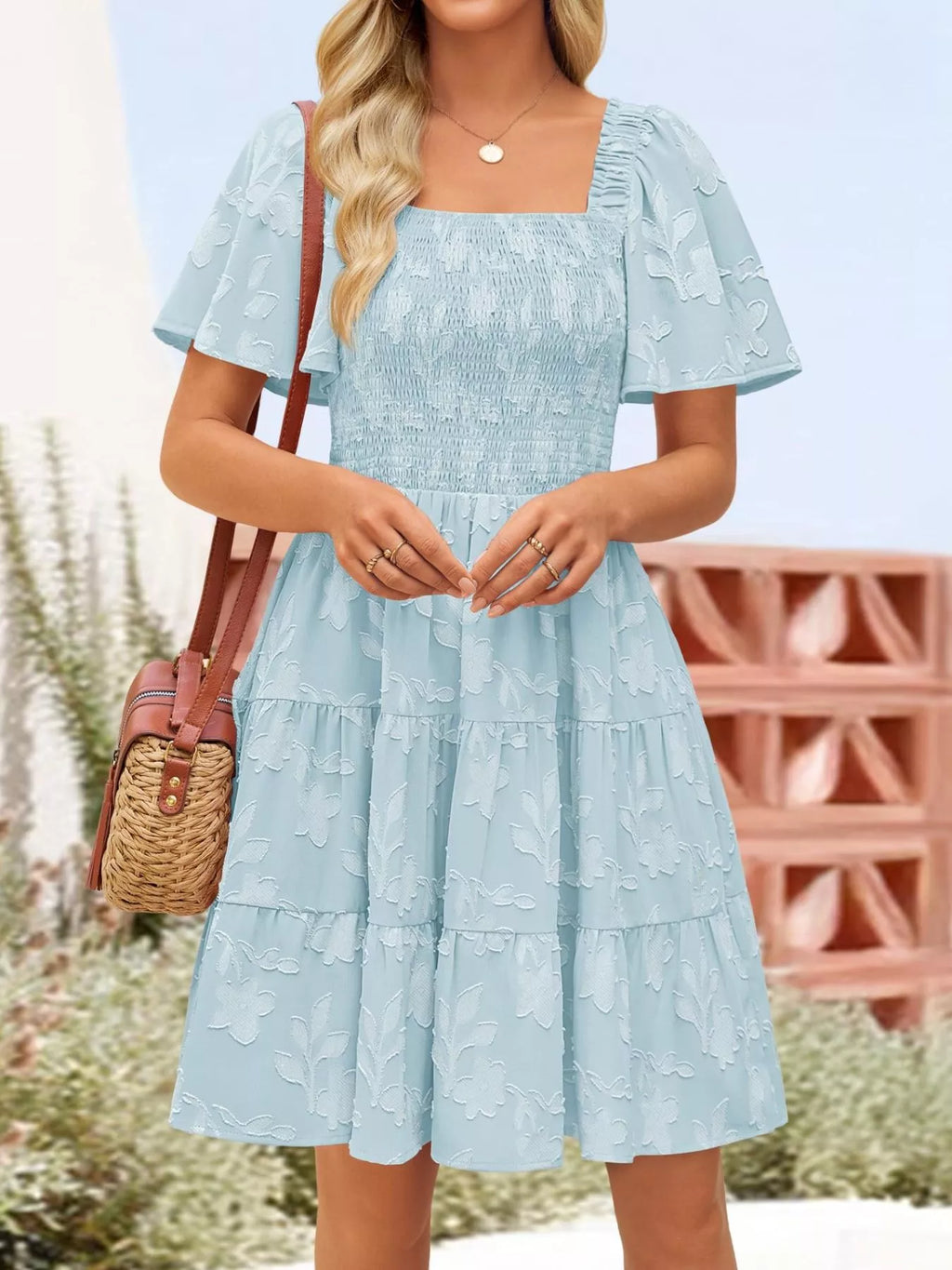 Smocked Square Neck Tiered Mini Dress