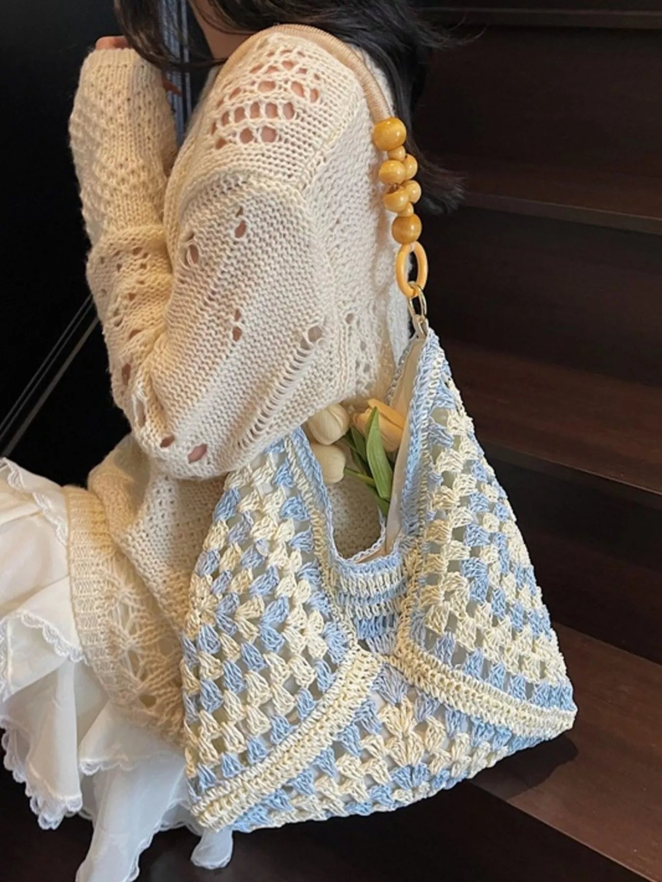 Contrast Crochet Shoulder Bag