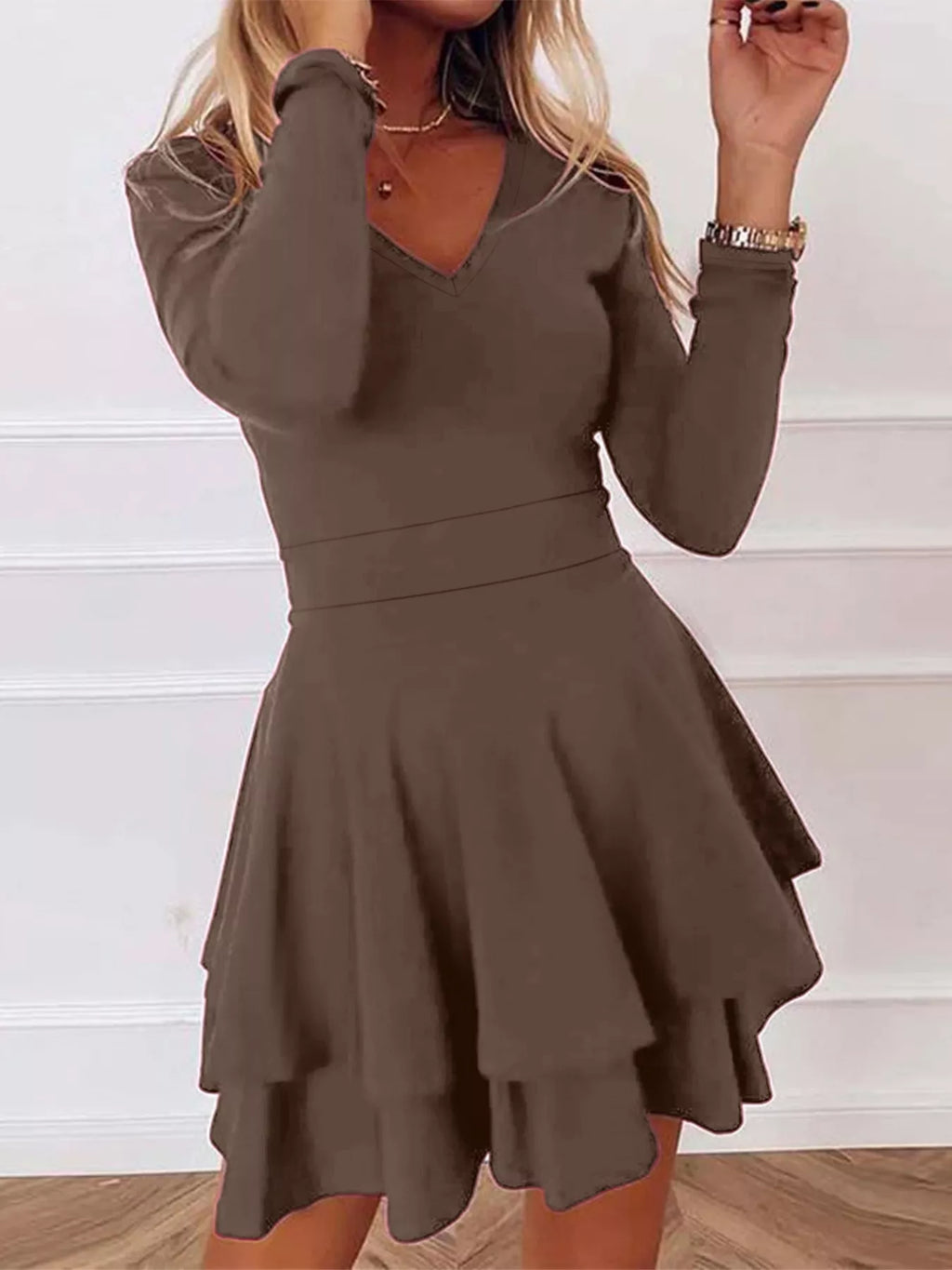 V-Neck Layered Ruffle Mini Dress