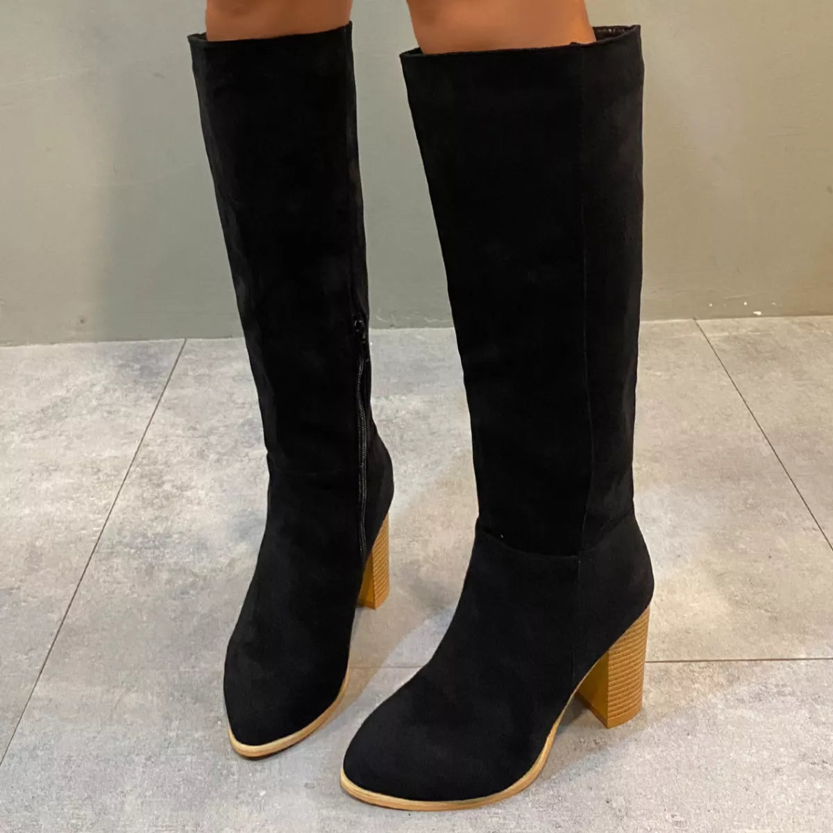 Point Toe Knee-High Suede Block Heel Boots
