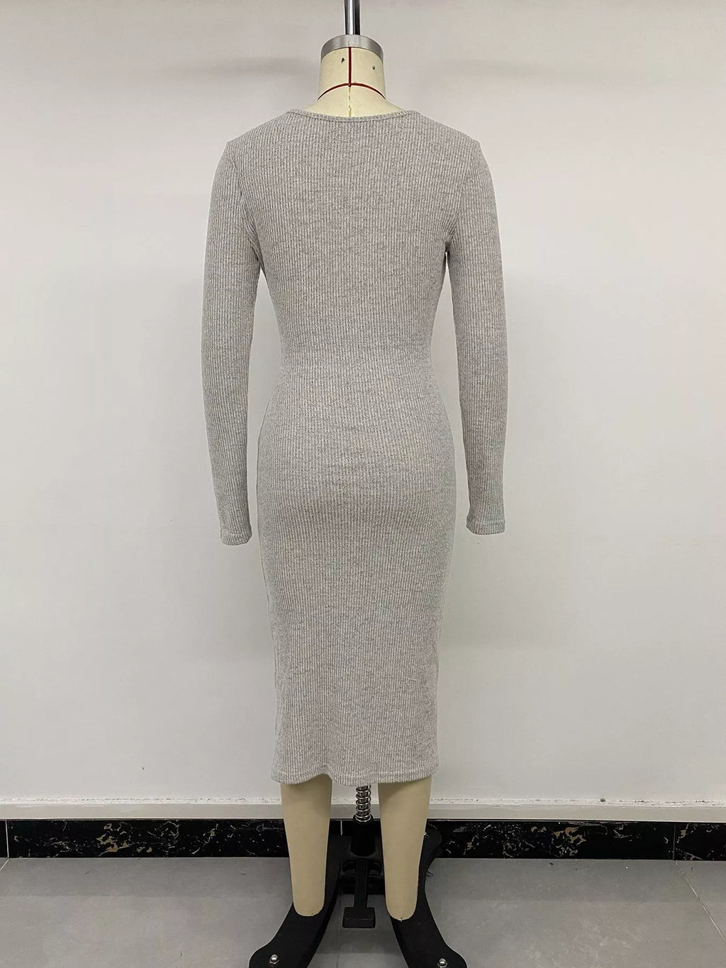 Ribbed Knit Twist Front Long Sleeve Midi Dress with Slit