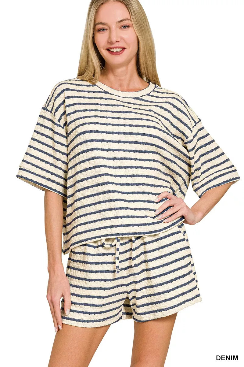 Zenana Striped Short Sleeve Tee & Shorts Set