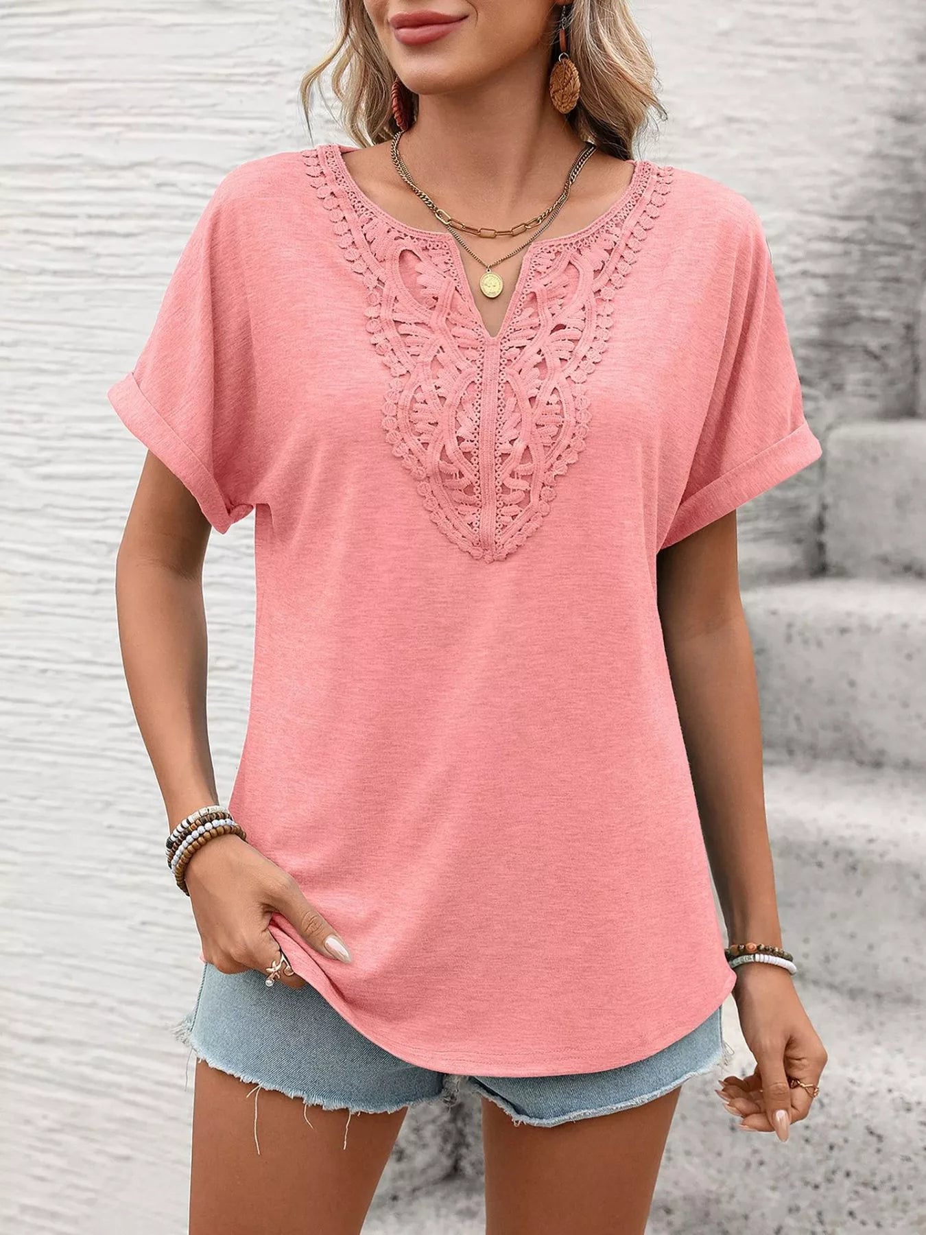 Lace Trim Short Sleeve T-Shirt