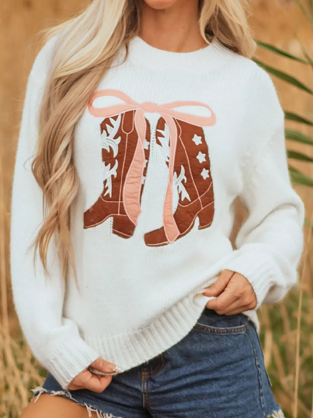 Embroidered Bow Boots Graphic Drop Shoulder Sweater