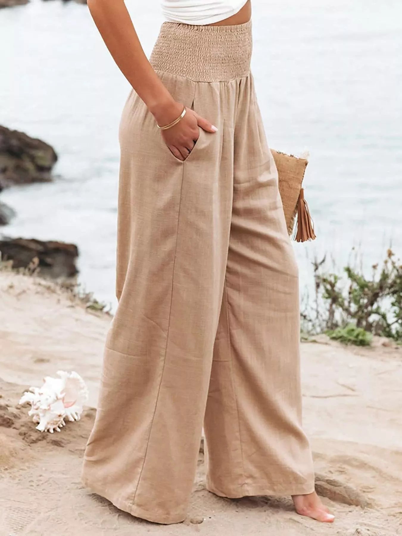 Smocked High Waisted Wide Leg Pants