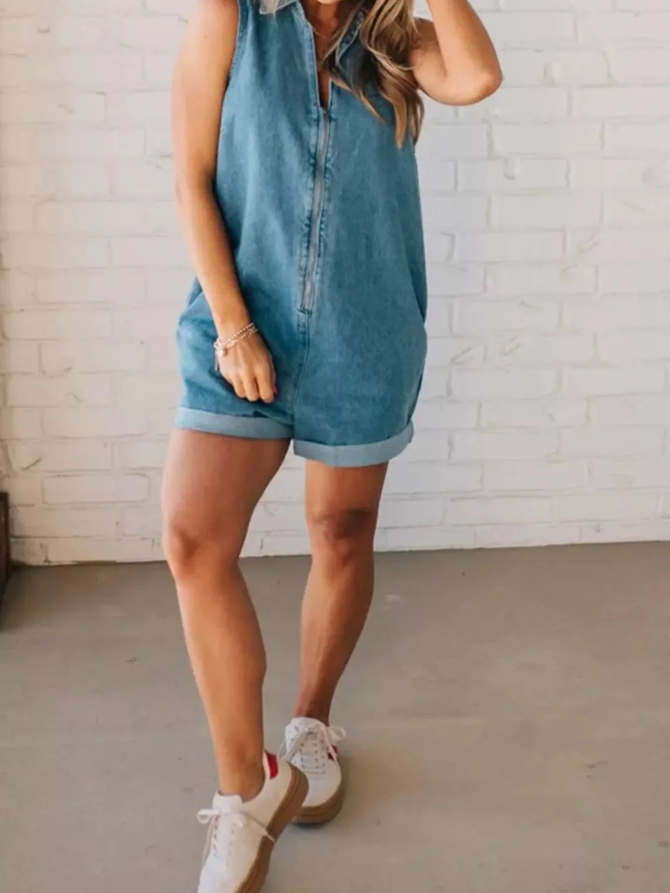 Sleeveless Zip-Up Denim Romper