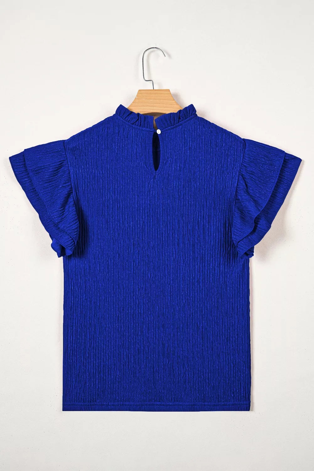 Solid Color Textured Ruffle Trim Short Sleeve Blouse