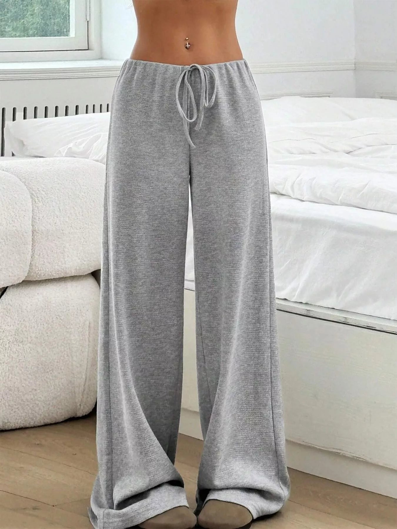 Striped Ribbed Knit Drawstring Waist Wide Leg Pants