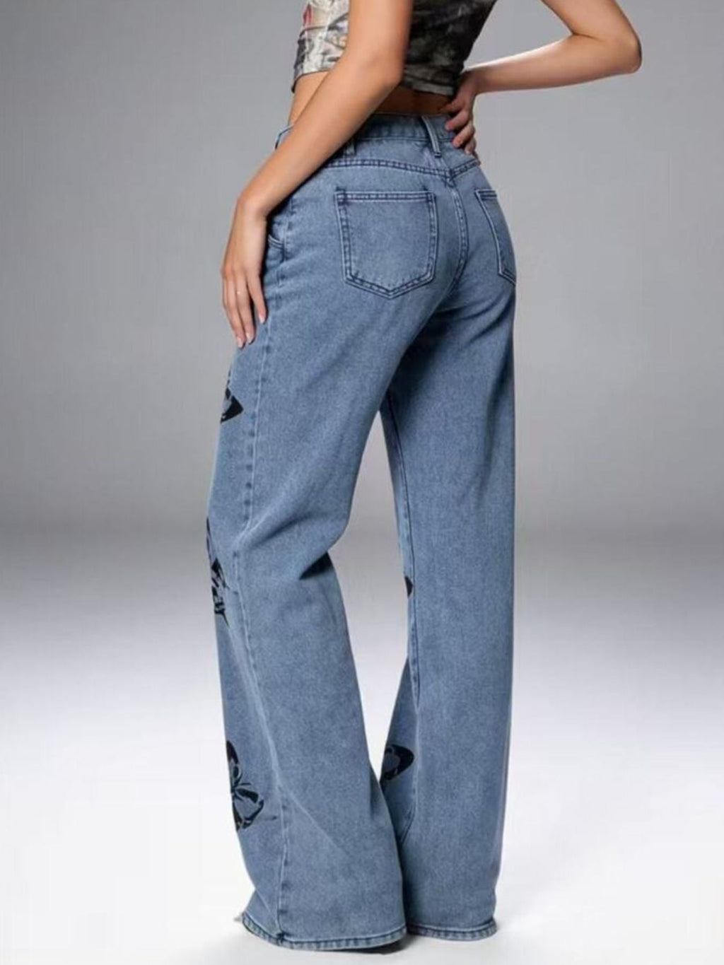 Butterfly Print High-Waisted Wide Leg Jeans