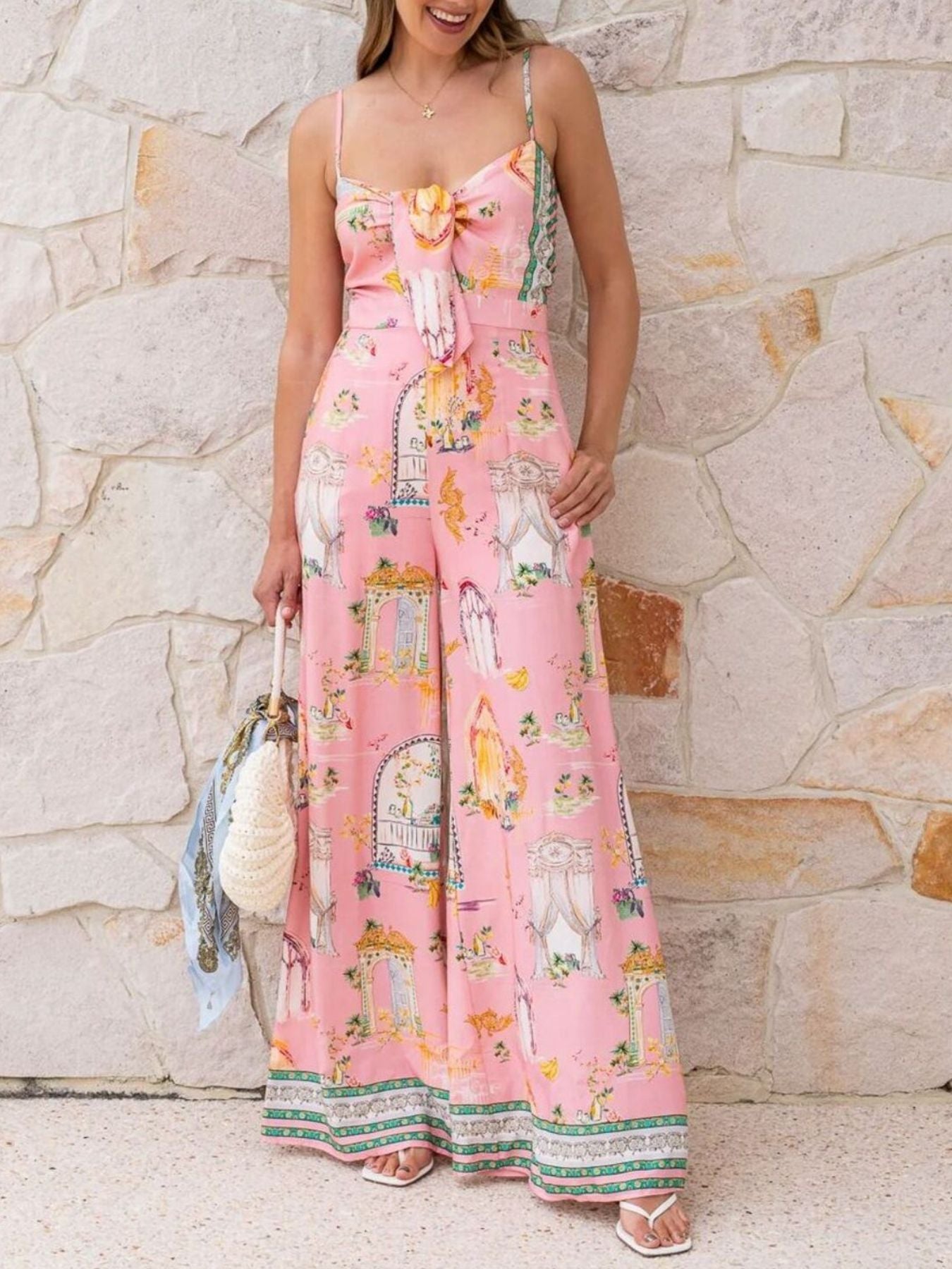 Printed Tie-Front Wide Leg Jumpsuit