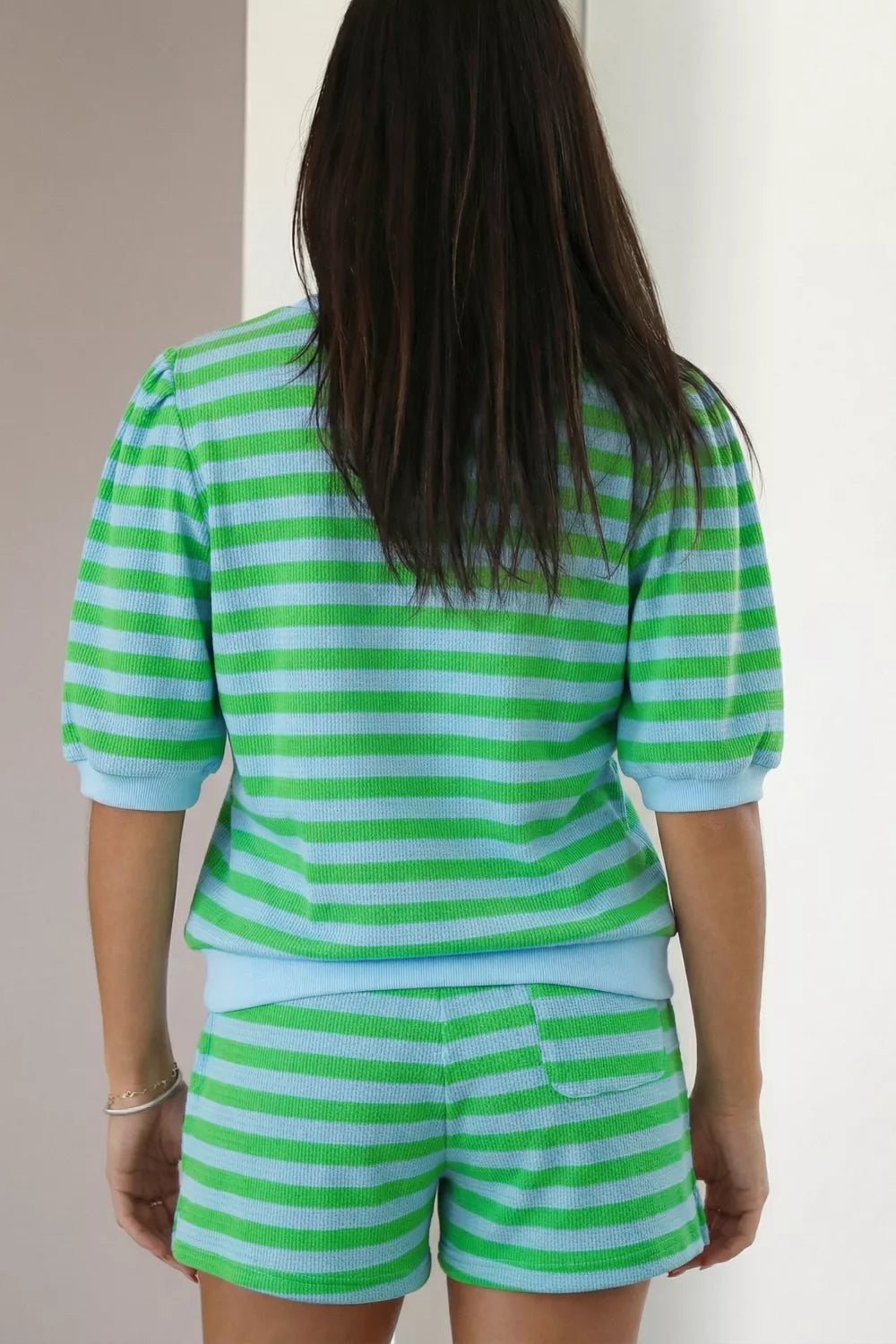 Stripe Colorblock Detail Puff Sleeve Top Drawstring Shorts 2pcs Outfit