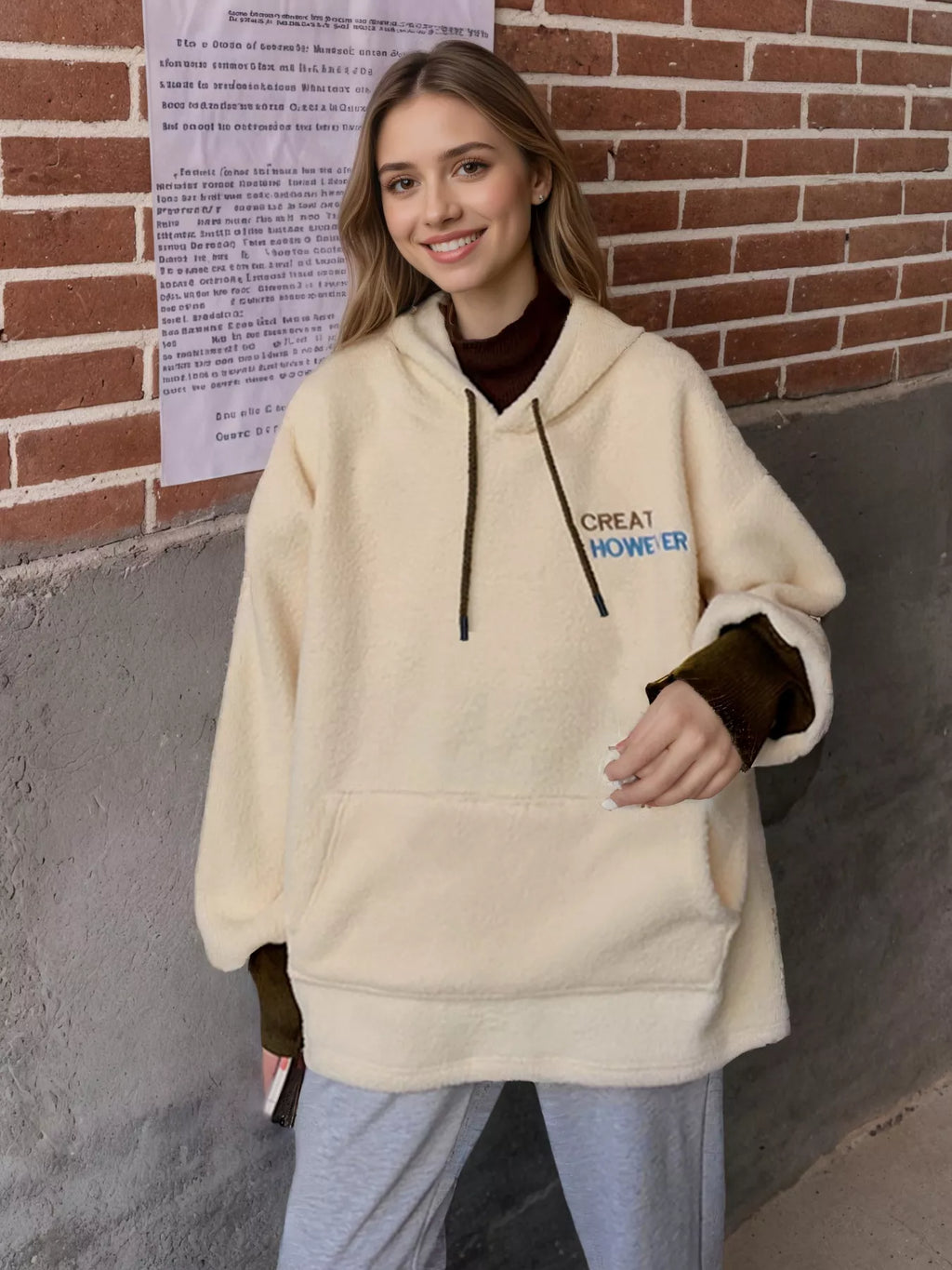 Drawstring Sherpa Kangaroo Pocket Hoodie