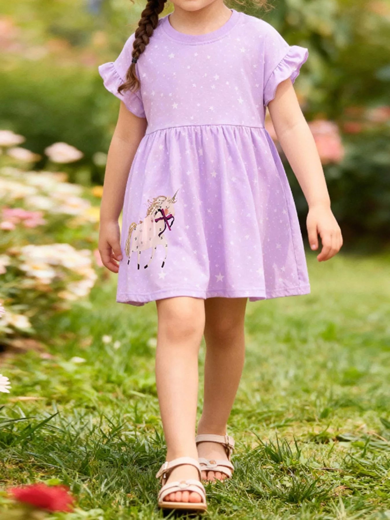 Children's Unicorn Star Print Ruffled Sleeve Dress