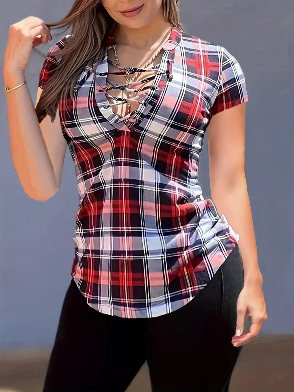 Plaid Lace-Up Short Sleeve Blouse