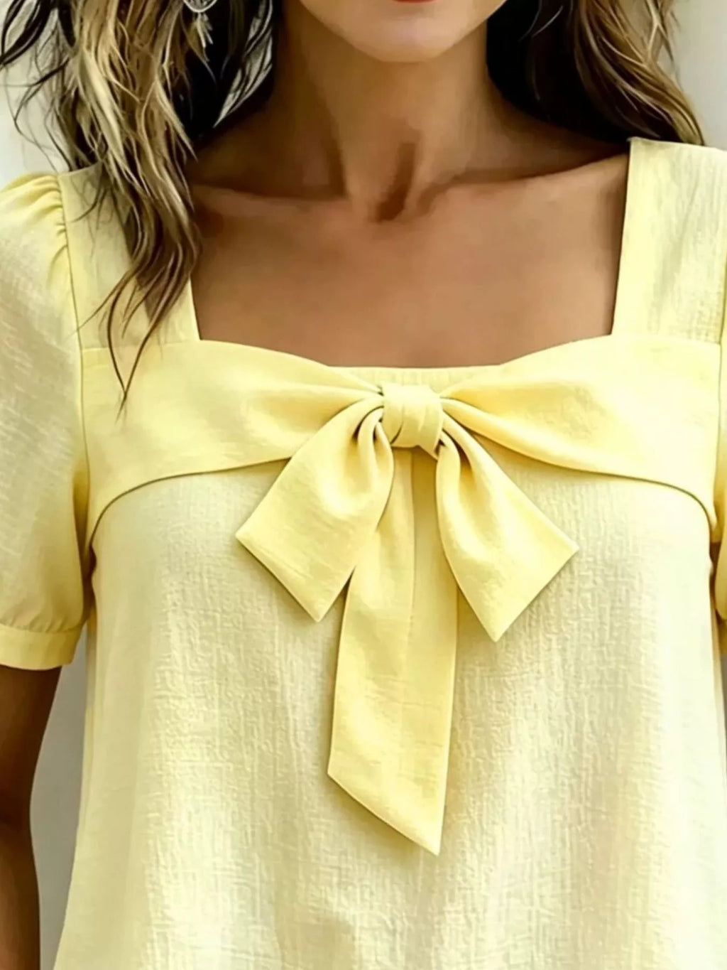 Bow Tie Square Neck Puff Sleeve Blouse