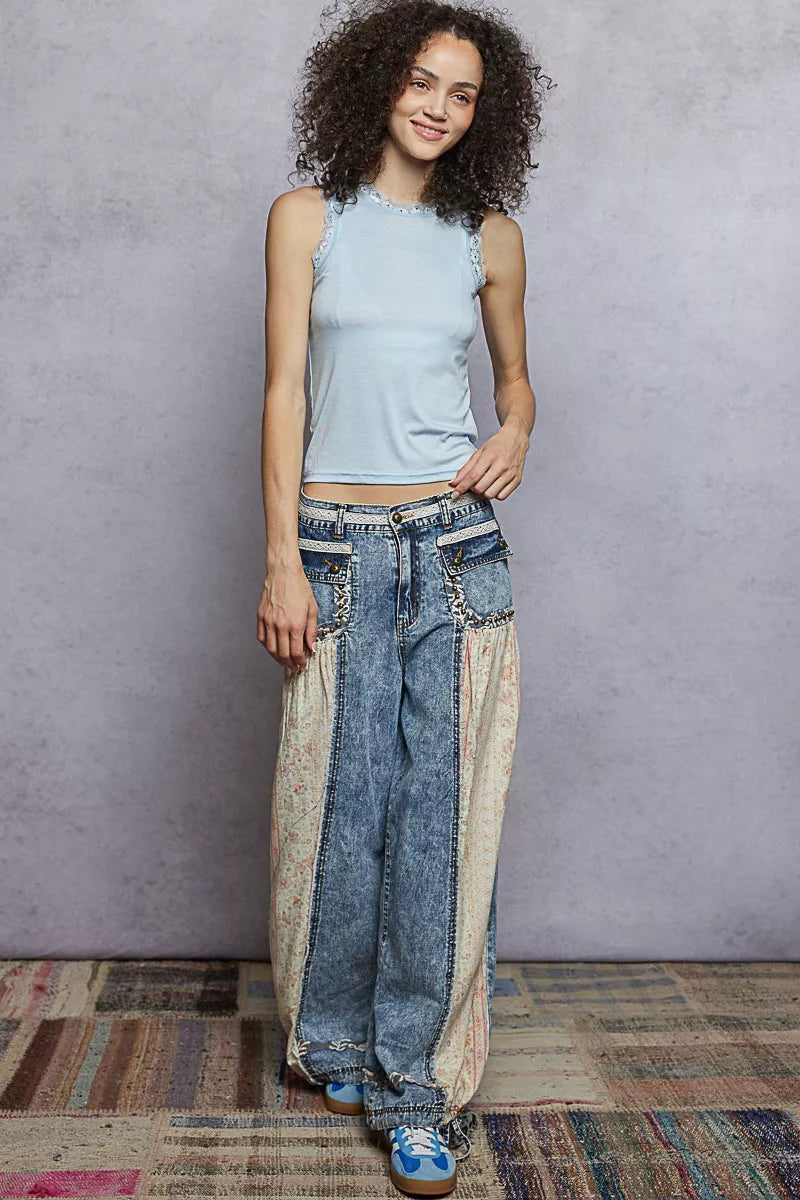 POL Round Neck Cropped Tank with Lace Trim