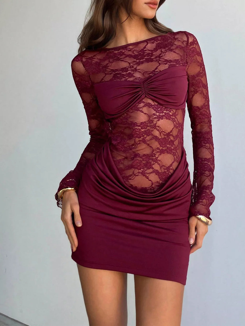 Lace Sheer Cutout Back Long Sleeve Ruched Dress